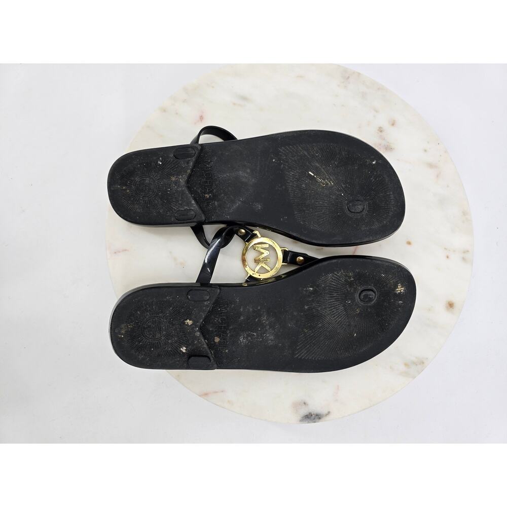 Michael Kors Black Patent Jelly Thong Sandals with Gold Logo - Picture 6 of 6